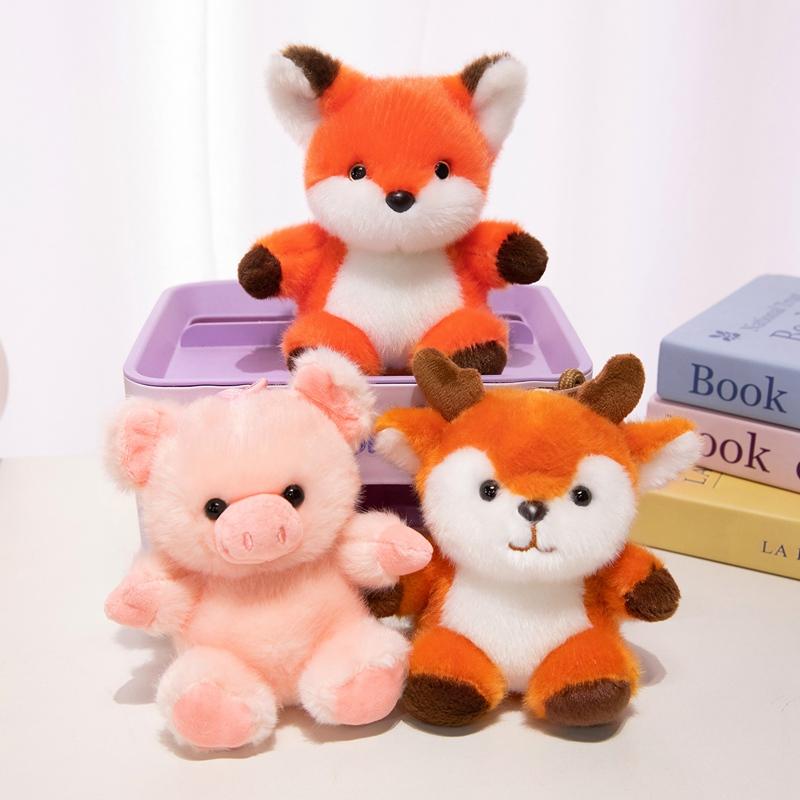 Three Plush Keychain Animals Fox Pig Deer Orange Pink Brown Color Soft Faux Fur Scented Pendant Cuddly Lanyard Collection