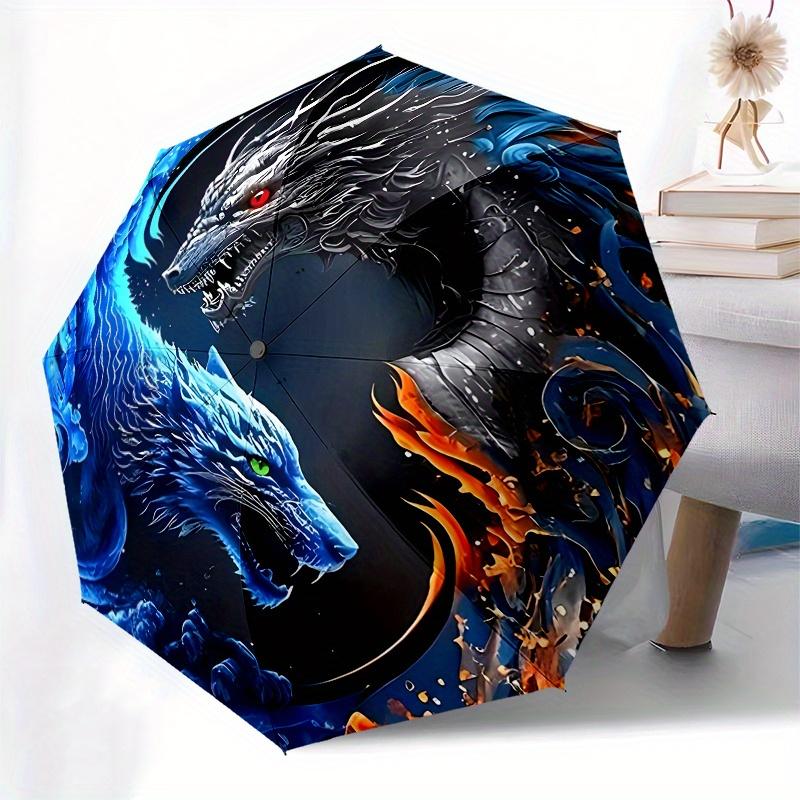 Yin Yang Dragons: Water & Fire Fantasy ArtworkUmbrella, Portable 3-Fold Compact Umbrella for Men & Women Gift