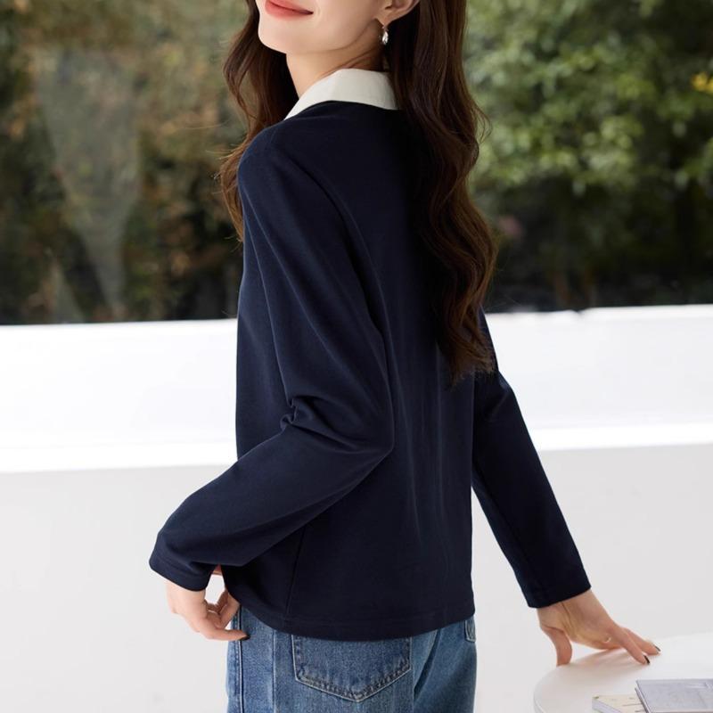 Casualowy T-shirt z kontrastowym kołnierzykiem polo, luźny, jesienny, z haftem, modny, z długim rękawem, kontrastowy top bazowy dla kobiet, T-shirty damskie