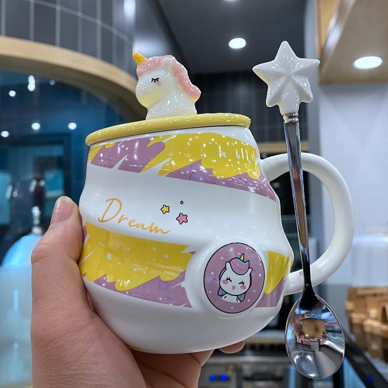 Unicorn Water Cup Rainbow Mug Coffee Cup with Lid Spoon Cute Girl Home Drinking Water Cup Ceramic Cup