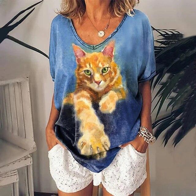 New Funny Kawaii Cat T-Shirts Animal 3D Print Women V-Neck Short Sleeve T Shirt Y2K Tees Oversized Harajuku Top Female Clothing S