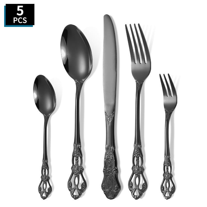 Royal Court Embossed Stainless Steel Cutlery Set – Retro Hollowed Knife, Fork, and Spoon