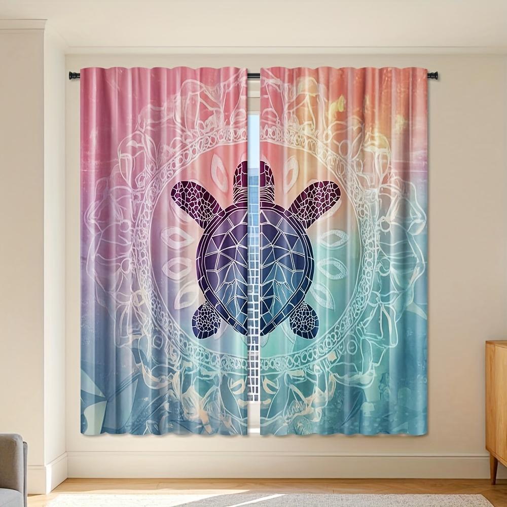 

Set Of 2 Sea Turtle Mandala Beach Door Curtains Polyester Semi Translucent Gradient Pink Blue Omb Made W100*H70(CM)-Grommet top&2PCS