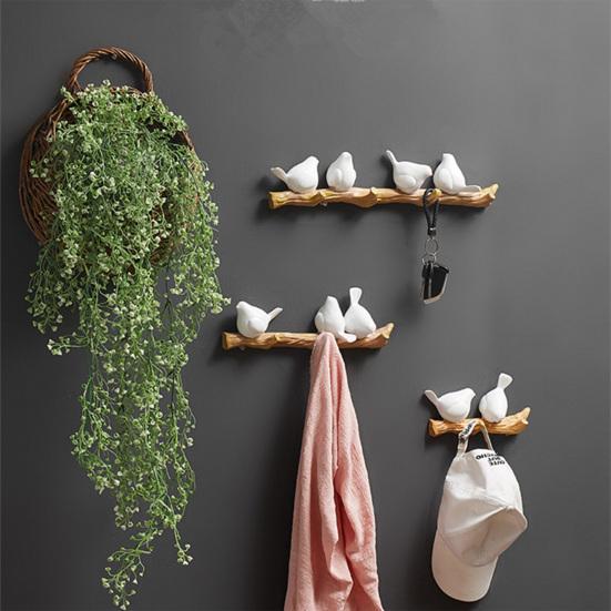 Resin Birds Wall Hook Decorative Birds on Tree Branch Coat Hook Farmhouse Wall Mounted Hanger for Entryway Coats Hats Keys Towels