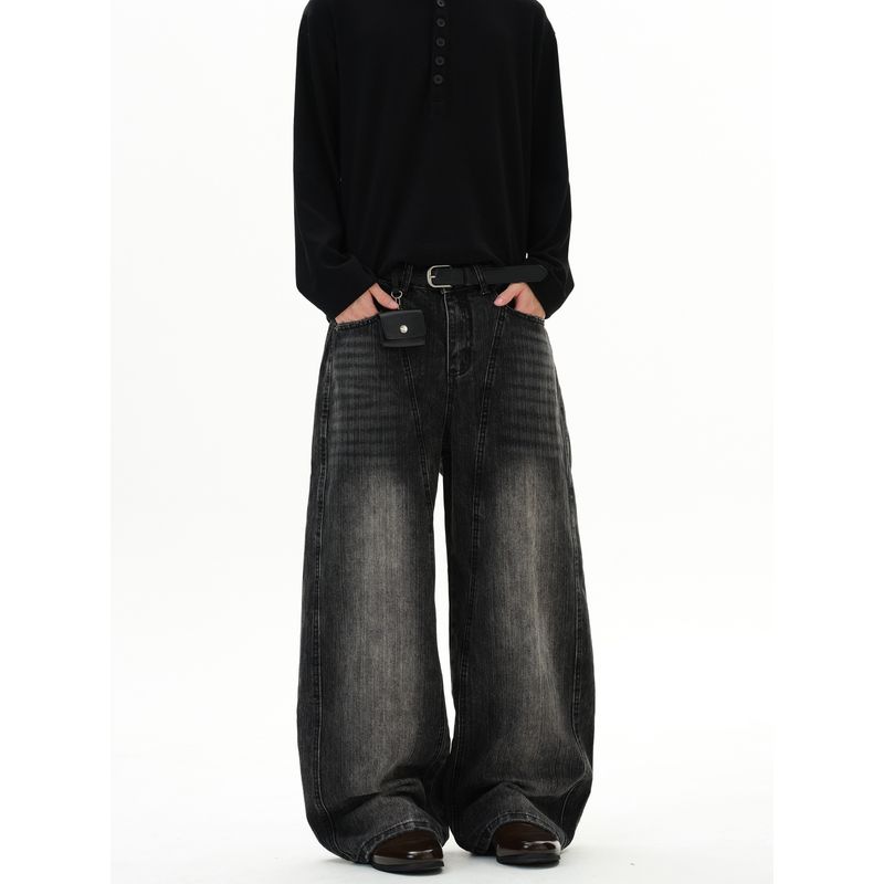 Kisko American Retro Bamboo Texture Contrast Stitching Deconstructed Scimitar Jeans Unisex Design Loose Straight Pants