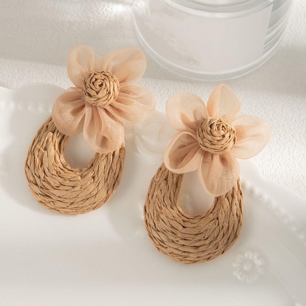 Sweet Mesh Flower Earrings U-shaped Beach Drop Earrings Straw Weave Earrings Girls Gift
