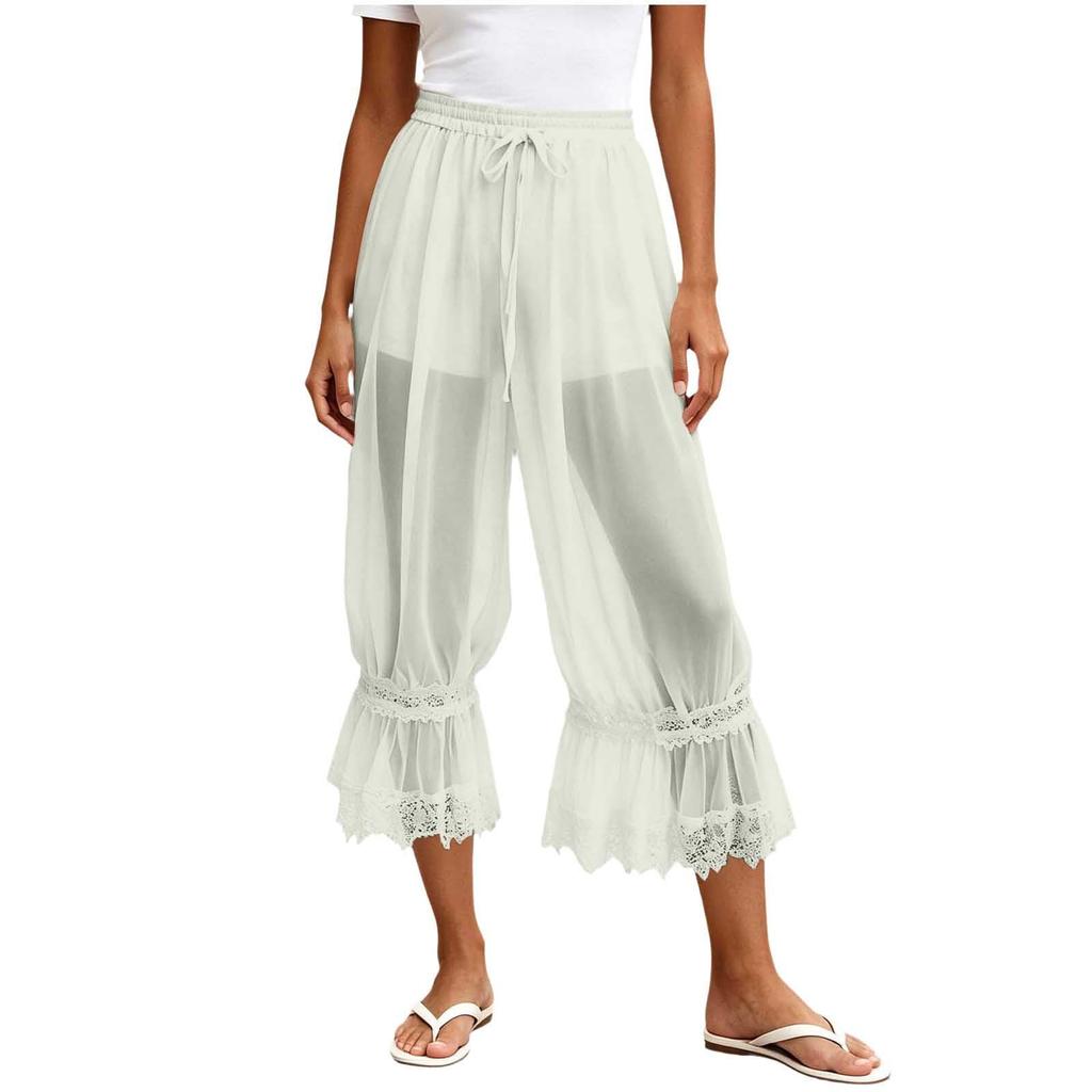 Women's Casual Pants with Lace and Sheer Mesh Trim, Lined, for Everyday Wear