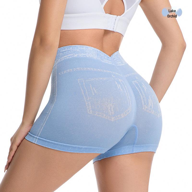 Denim-Style High-Waisted Tummy Control Peach Butt Lifting Yoga Shorts