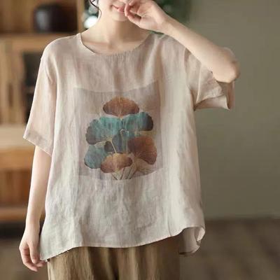New Summer Retro Cotton and Linen Printed Top for Women Loose Pullovers of Literary Retro Casual Short-sleeved T-shirt