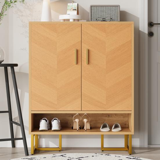 Modern, Minimalist Shoe Cabinet, Unique Wood Grain, Golden Iron Frame, Two-Door Storage Cabinet, Narrow Shoe Cabinet, Shoe Rack, Shoe Tipper,