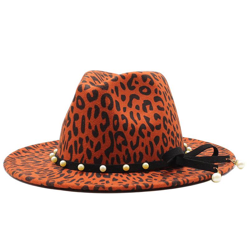 Flat-Brimmed Cornice Hat Leopard Print Pearl Bow Hat Jazz Hat Woolen Top Hat