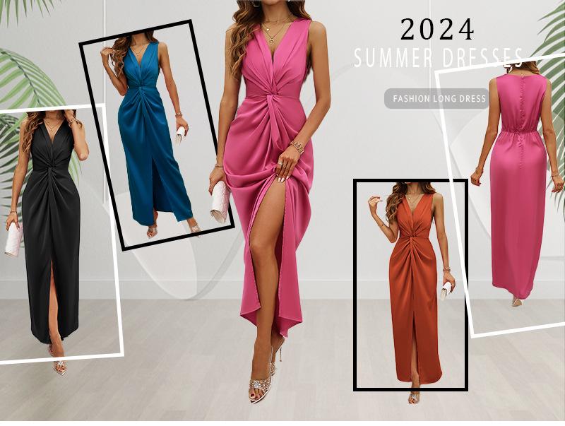 Evropské a americké dámské elegantní šaty bez rukávů s výstřihem do V a rozparkem, letní kolekce 2024