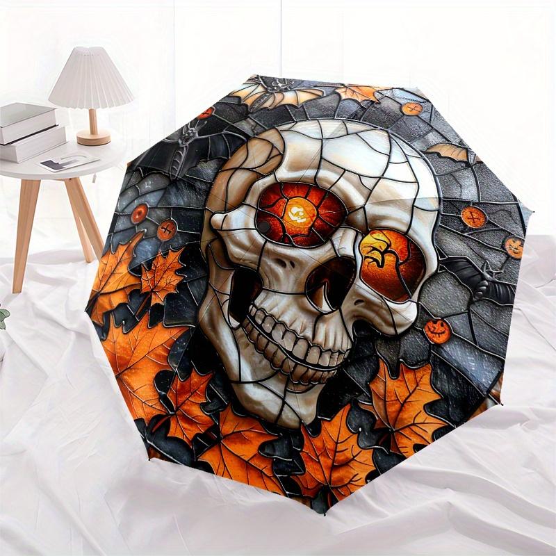 Halloween Skull Stained Window PanelUmbrella, Portable 3-Fold Compact Umbrella for Men & Women Gift