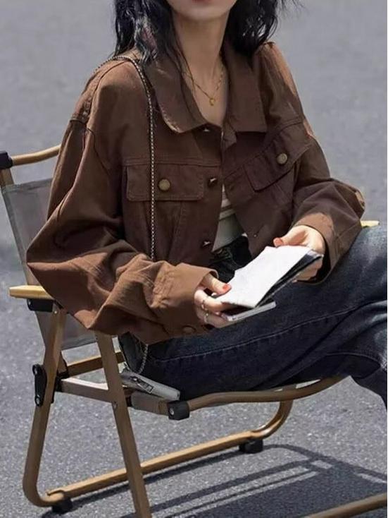 Maillard-Style Coffee Long-Sleeve Petite Women's Workwear Jacket, Slimming Short Top for Spring & Autumn 2025.