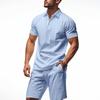 New Men's Linen Casual Lapel Polo Shirt & Short Sleeve Beach Shorts Set - European/American Style