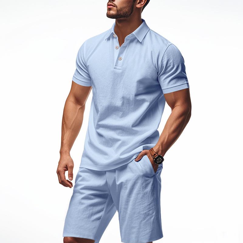 New Men's Linen Casual Lapel Polo Shirt & Short Sleeve Beach Shorts Set - European/American Style