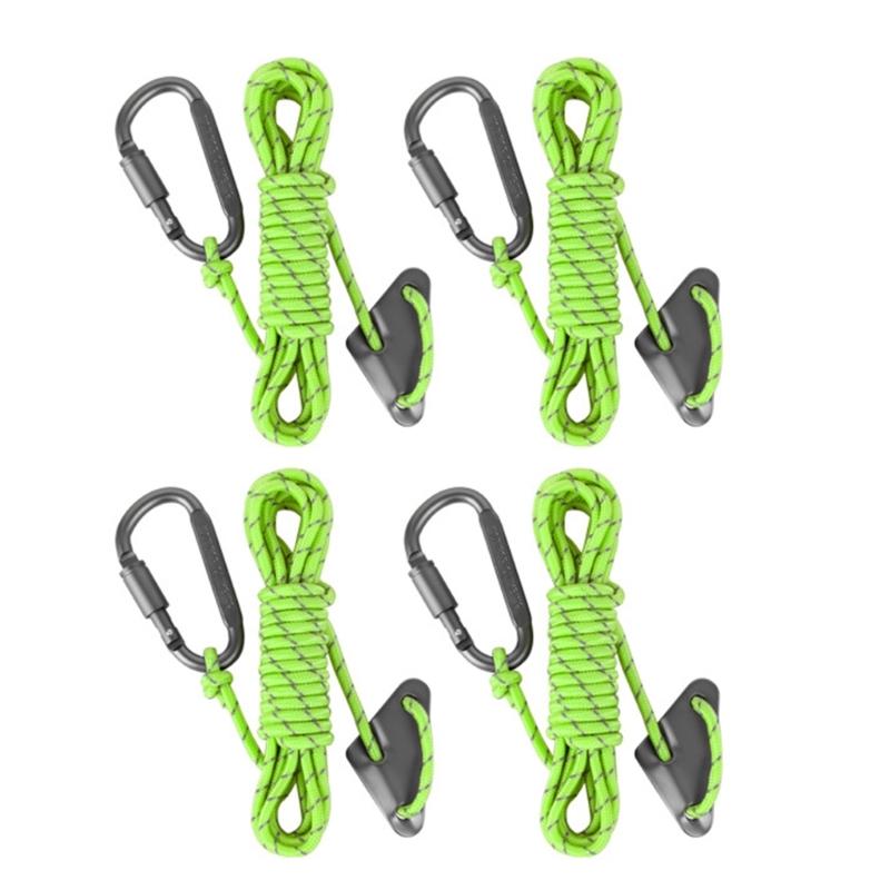 

4Pcs Reflective Tent Guide Rope Guy Line Cord with Aluminum Adjuster Guyline Tent Cord for Awnings Camping Enduring фарби люмінесцентні зелений колір
