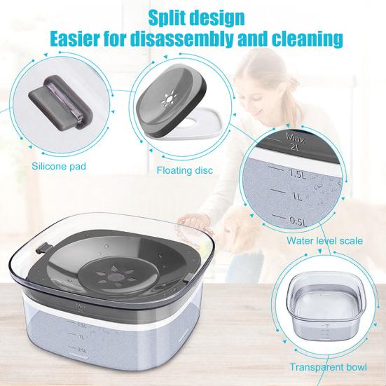 Pet Water Bowl No Spill 2L Spill Proof Clear Dog Water Bowl Anti Splash No Mess Cat Water Dispenser for Sloppy Messy Drinkers