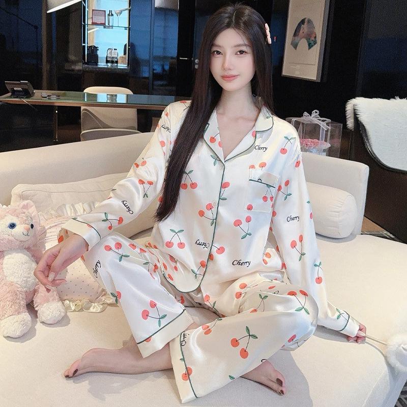 French Floral Ice Silk Long-Sleeve Ruffle Pajamas for Women - Spring & Autumn