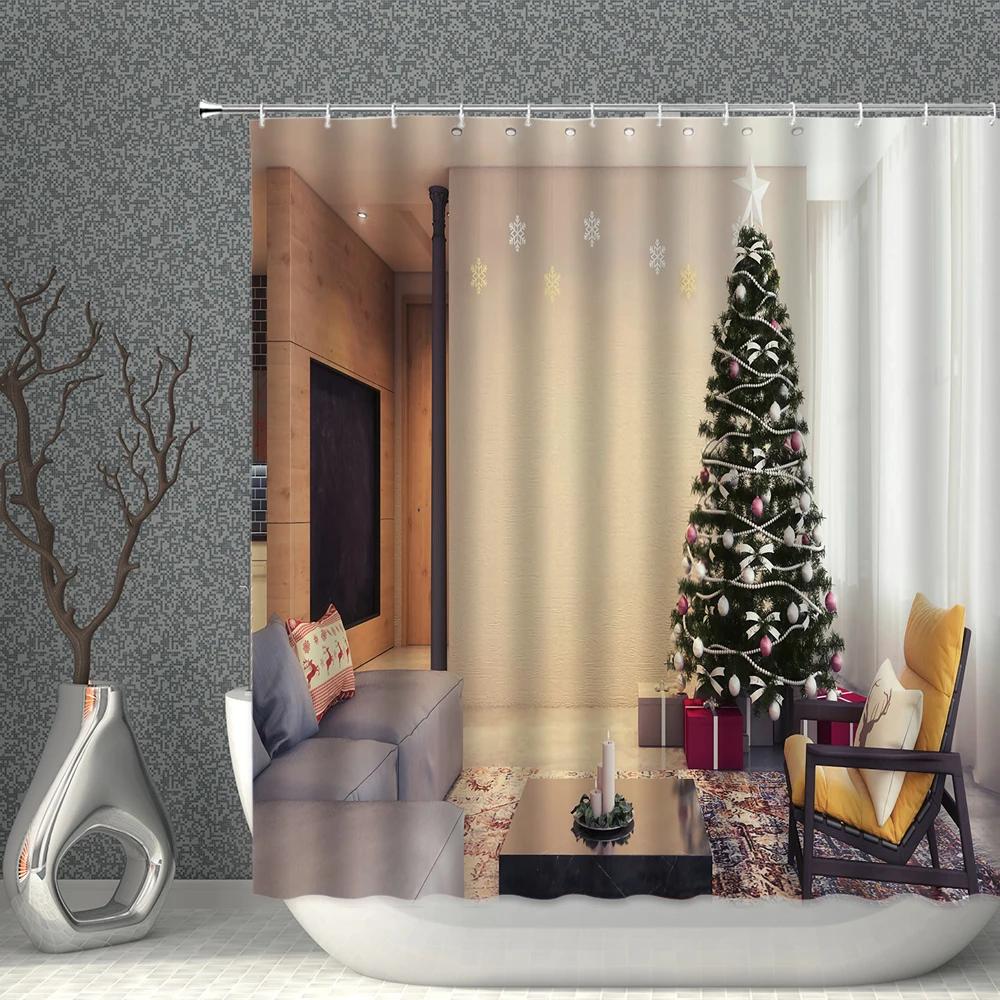 ChristmasTree Bells Shower Curtain Set Happy New Year Waterproof Polyester Cloth Curtains With Hooks Bathroom Home Decor