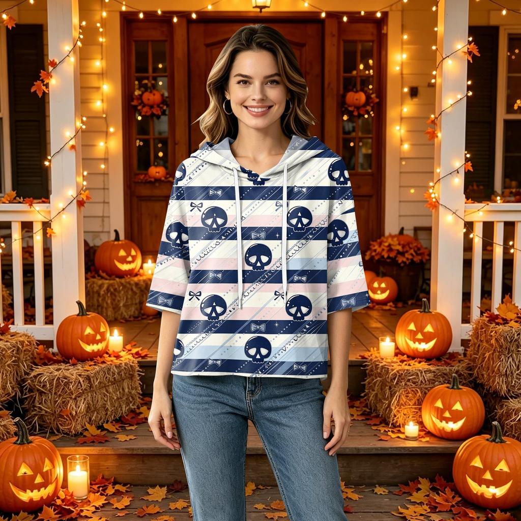 Women's Halloween Print Hooded Top, Loose Fit Casual 3/4 Sleeve Pullover Shirt