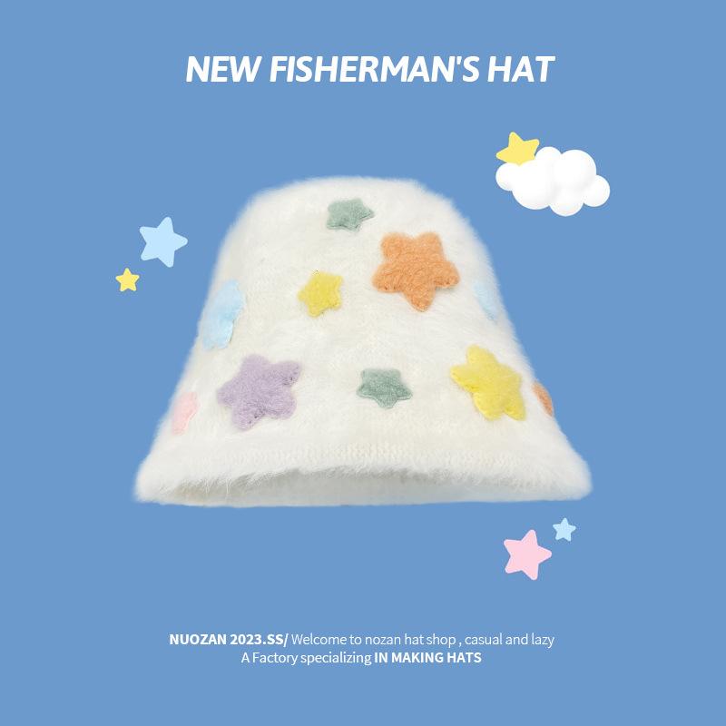 Japanese Sweet Star Rabbit Fur Fisherman Hat Women's Winter Warm Plush Bucket Hat Versatile Plain Face Small Basin Hat