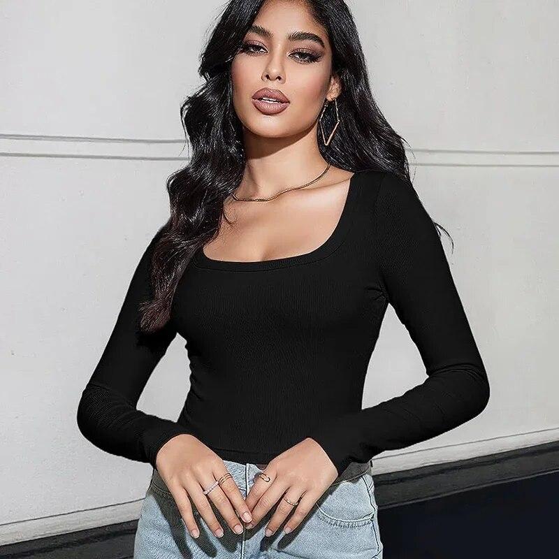 Autumn Slim Fit Square Neck Knit T-shirt Women Solid Long Sleeve Short Tshirts Female Fashion Tops Casual Sexy Tees Blusas 30288