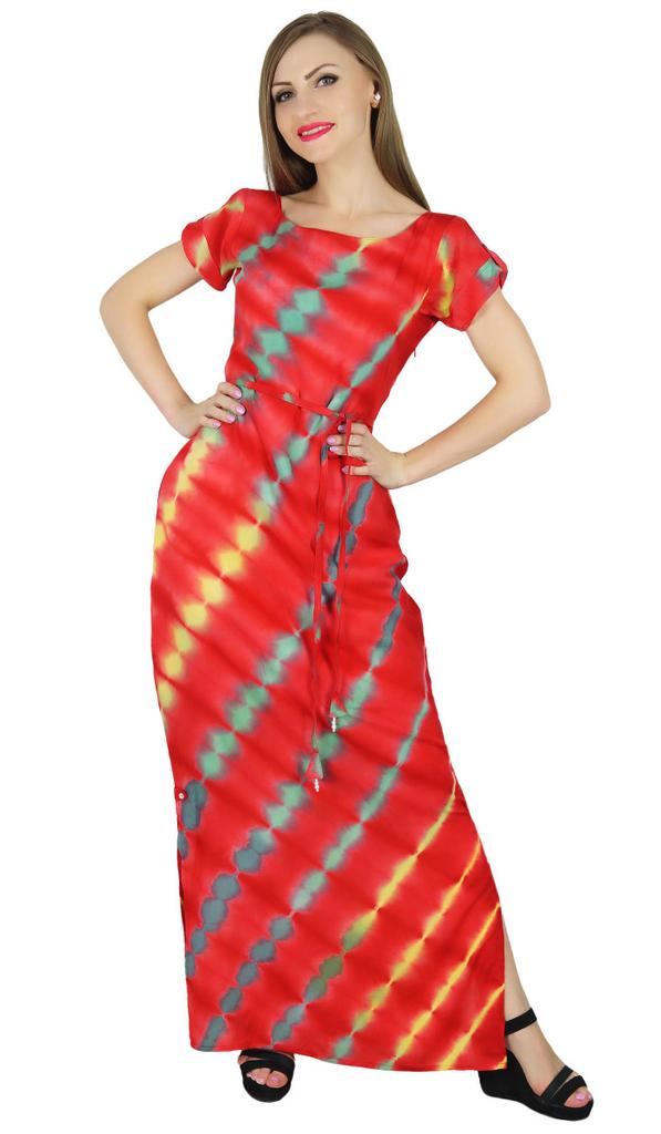 Bimba Women Red Rayon Maxi Dress Tie & Dye Summer Gown W  Slit Resort Wear