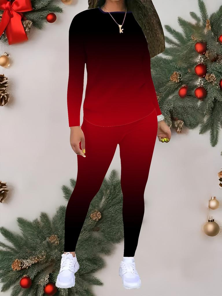 Women's Love Print 2-Piece Outfit: Long Sleeve Crew Neck Top & Pants, Holiday Limited Casual Party Gift Suit
