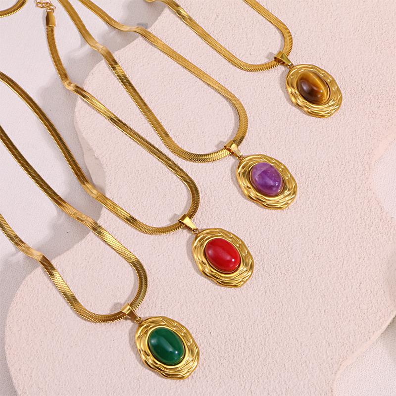 18K Gold Plated Titanium Steel Necklace Women Light Luxury Colorful Oval Stone Pendant Jewelry