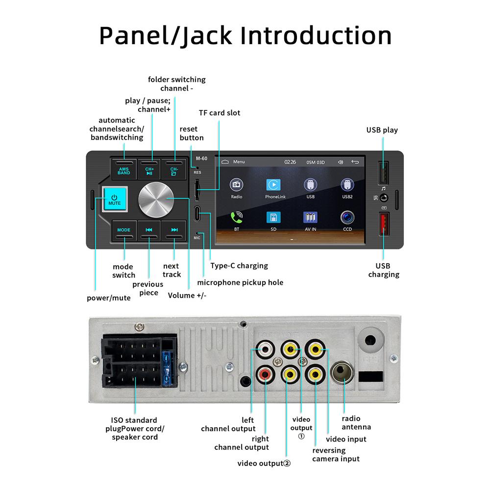 Portable 4.1in High Clear Car BT MP5 Player Cordless Multilanguage Multifunctional Auto Audio and