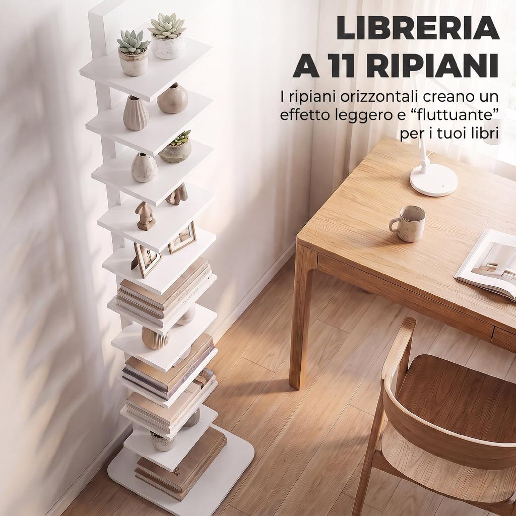 Libreria Moderna A 11 Ripiani Salvaspazio In Stile Industriale 34.5x41.5x163.5 Cm Bianco
