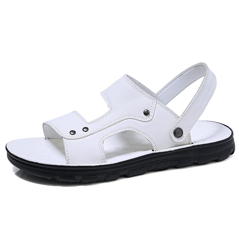 Men White Flats Sandals Summer Brown Wide Head Roman Sandals Retro Black Leather Beach Shoes Plus Size