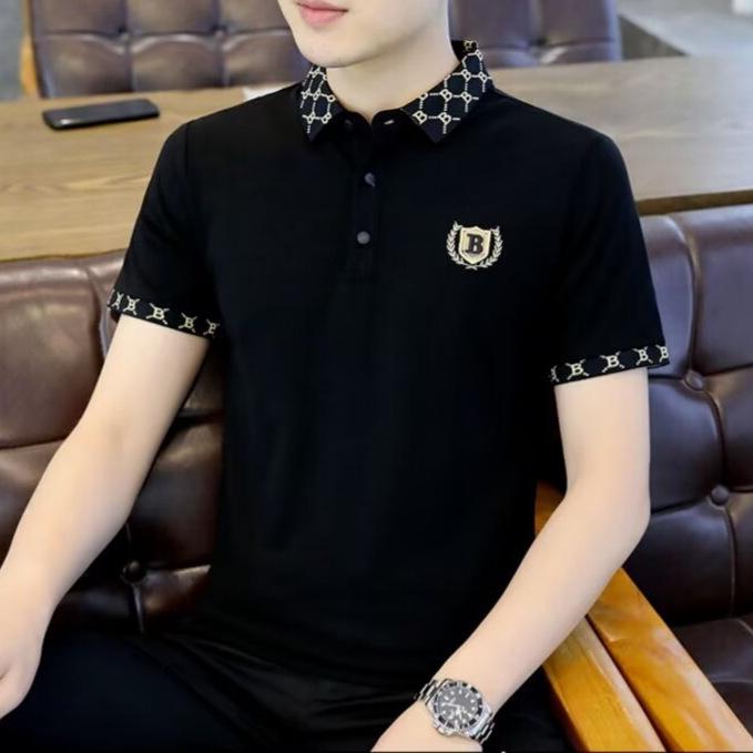 Men's 2024 Summer Hong Kong Style Slim Fit Embroidered Polo with Color-Matched Lapel Short Sleeves