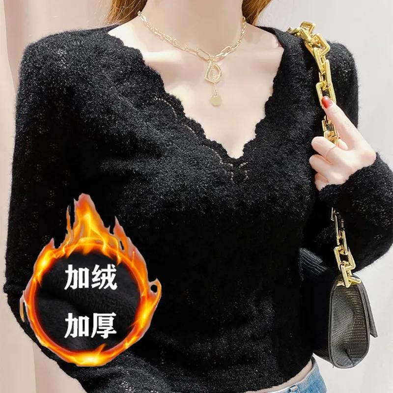 Зимний Новый Стиль Бархатный Утепленный V-образный вырез Женский Кружевной Базовый Модный Внутренний Теплый Топ с Длинным Рукавом S чёрный