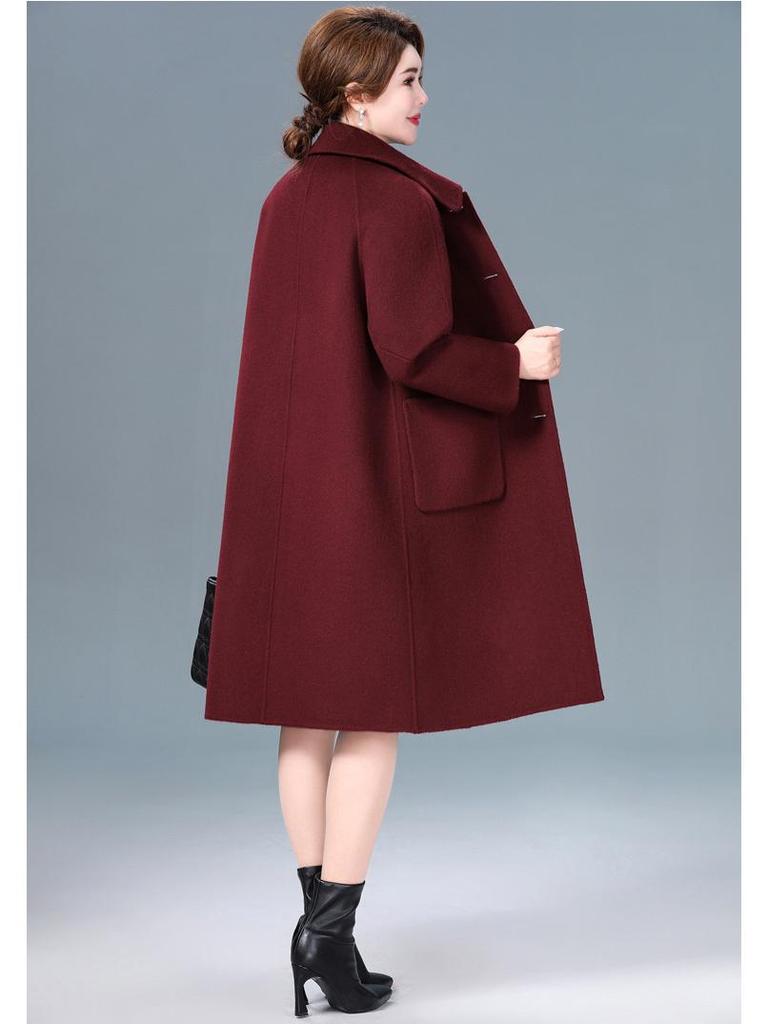 Płaszcz kaszmirowy dwustronny średniej długości mamy - Rozmiar plus, Luźny krój, Wysokiej klasy wełniany płaszcz wierzchni jesienno-zimowy dla kobiet w średnim wieku i starszych.