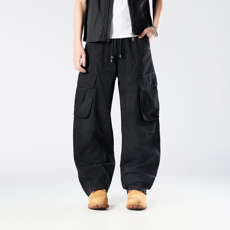 American multi-pocket black cotton overalls men's spring and autumn loose straight boys wide-leg casual pants