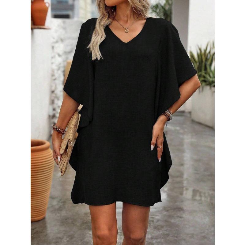 

suer women s clothing, solid color loose ruffle edge fashion V-neck dress XXL чорний