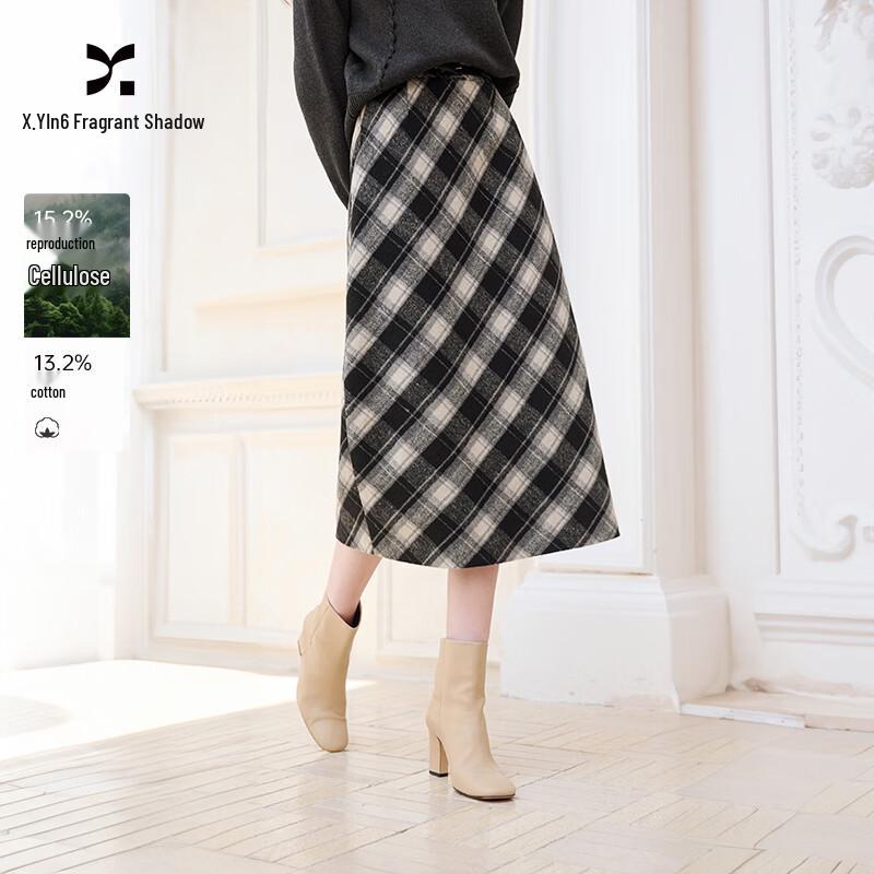Xiangying Women s Retro Plaid High-Waist Midi Skirt XL