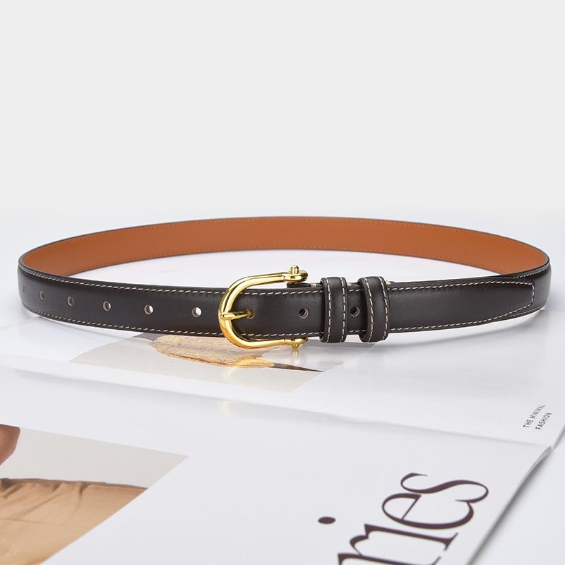 New Korean Version Retro Top Layer Cowhide Belt for Women Simple Black Versatile Genuine Leather Belt Retro Gold Buckle Jeans Belt