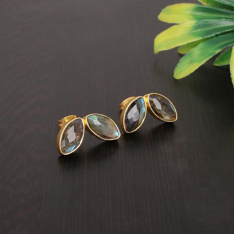 Solid 925 Sterling Silver Labradorite Gemstone Gold Plated Stud Earring Handmade Birthstone Stud Earrings