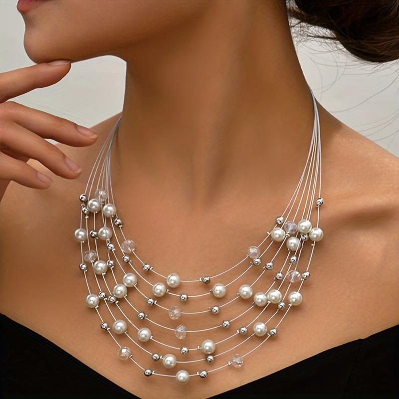[Multi-Layer Shimmering Imitation Pearl Necklace] Vibrant Bohemian Multilayer Necklace - Shimmering Imitation Pearls - Artisan-Crafted, Authentic Char белый