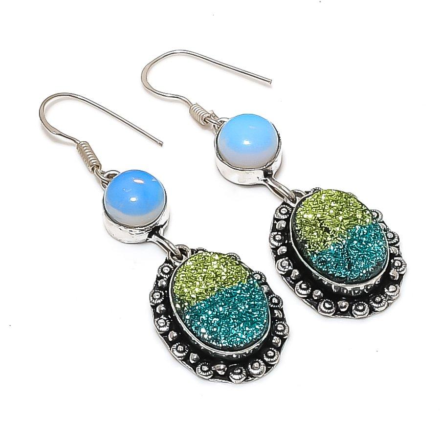 

Натуральный титановый друзовый опал, ювелирное изделие из серебра 925 пробы, серьга 2,29 V4E33