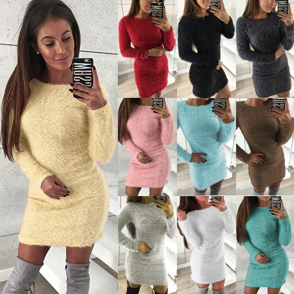 Women's Fluffy Long Sleeve Sweater Top Cozy Bodycon Mini Jumper Dress Blouse