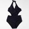 One Piece Swimsuit Women Deep V Neck Halter Neckline Backless Cut Out Leaf Print High Waist Beachwear