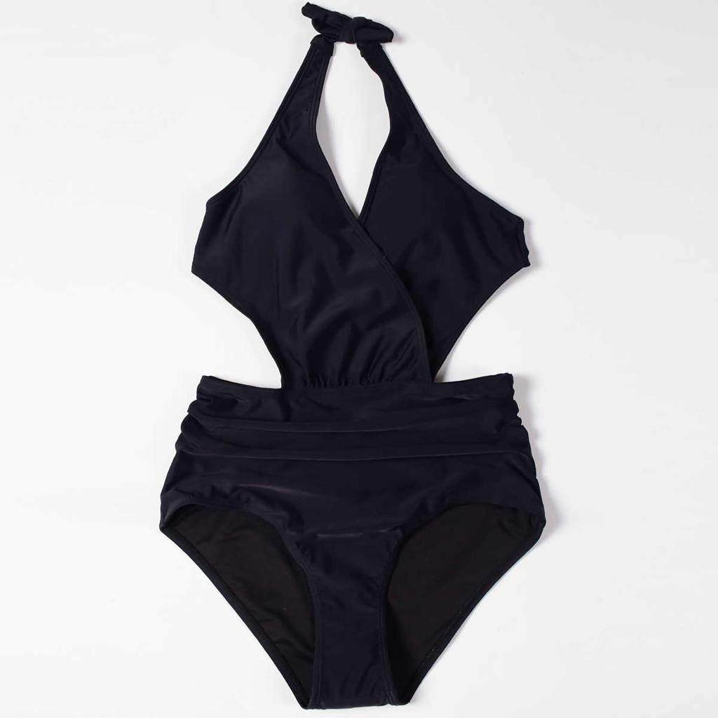 One Piece Swimsuit Women Deep V Neck Halter Neckline Backless Cut Out Leaf Print High Waist Beachwear