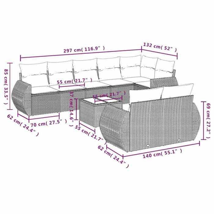 VidaXL Salon de Jardin avec Coussins 9 pcs, Canapés de Terrasse, Ensemble de Meubles de Patio, Mobilier d'Extérieur, Gris 3221631
