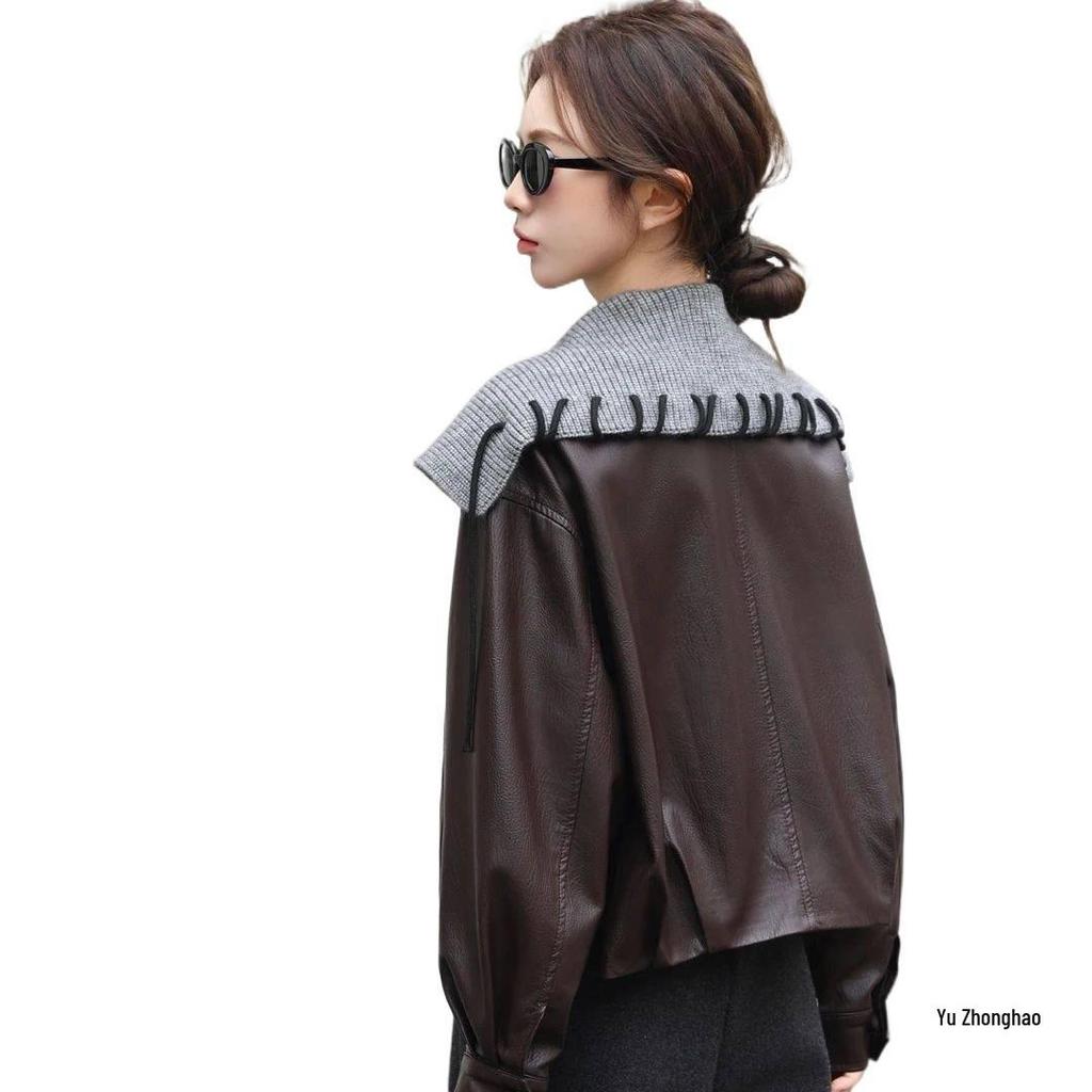 Women's Navy Collar Leather Jacket: Petite, Slimming, Short Coat in Black Spandex