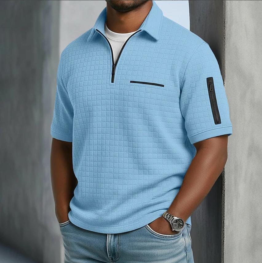 Men's Slim Fit Plaid Short Sleeve Shirt Zipper Front Casual Top with Decorative Arm Zip Pockets