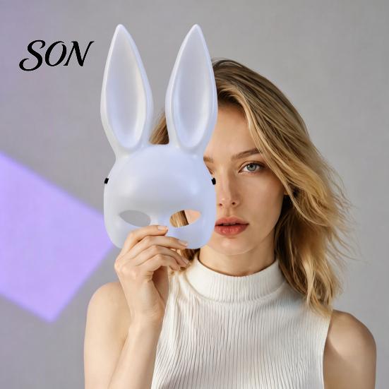 Funny Cartoon Rabbit Mask Halloween Bunny Half Face Mask, Costume Prop with Long Masquerade Party Supplies Ears, Plastic Cosplay for Adults, Accessory